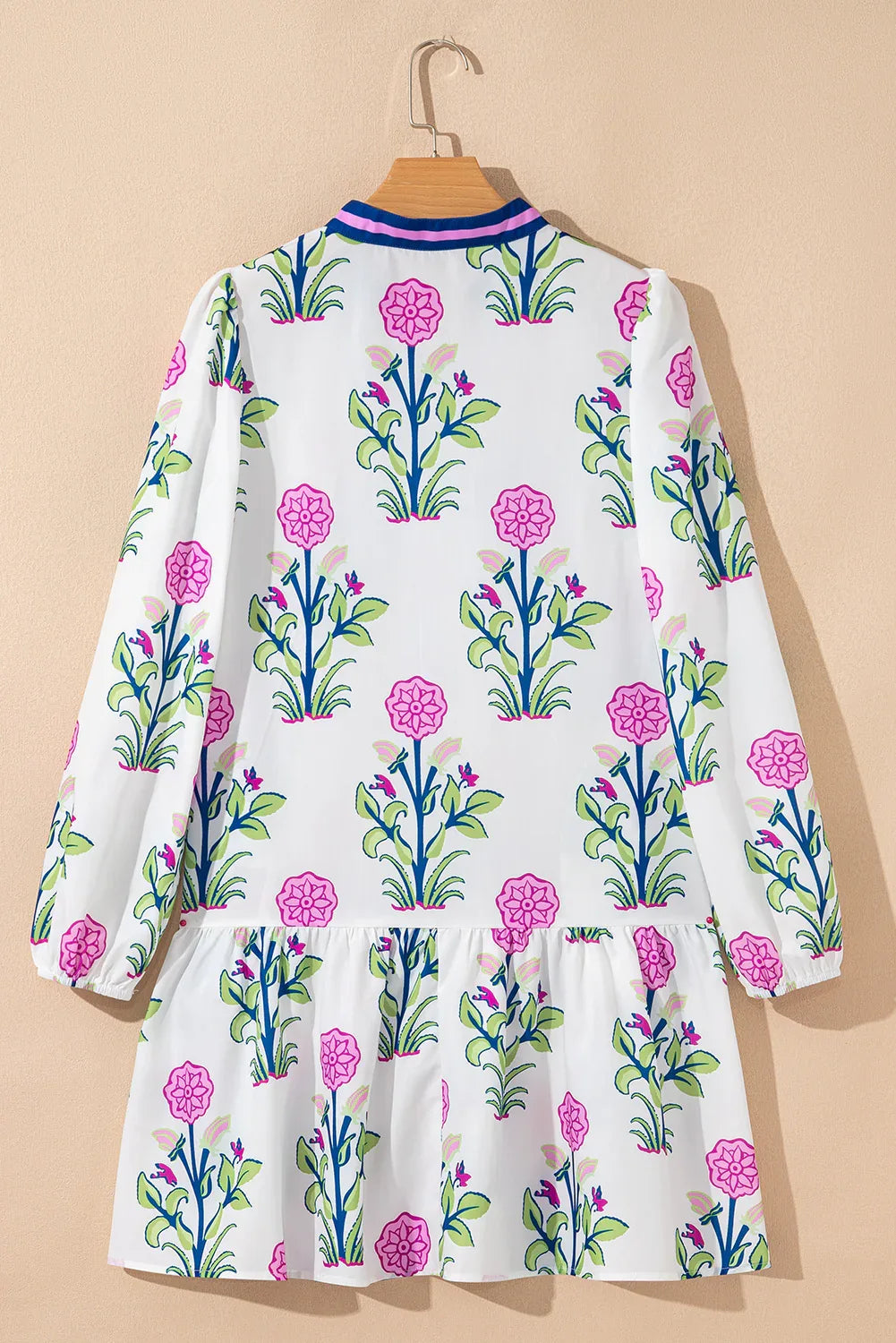 White Floral Print Contrast Striped Trim Notched Neck Long Sleeve Dress - MarkoFit