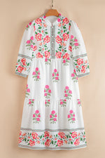 White Floral Print Half Button Mandarin Neck 3/4 Sleeve Maxi Dress - MarkoFit