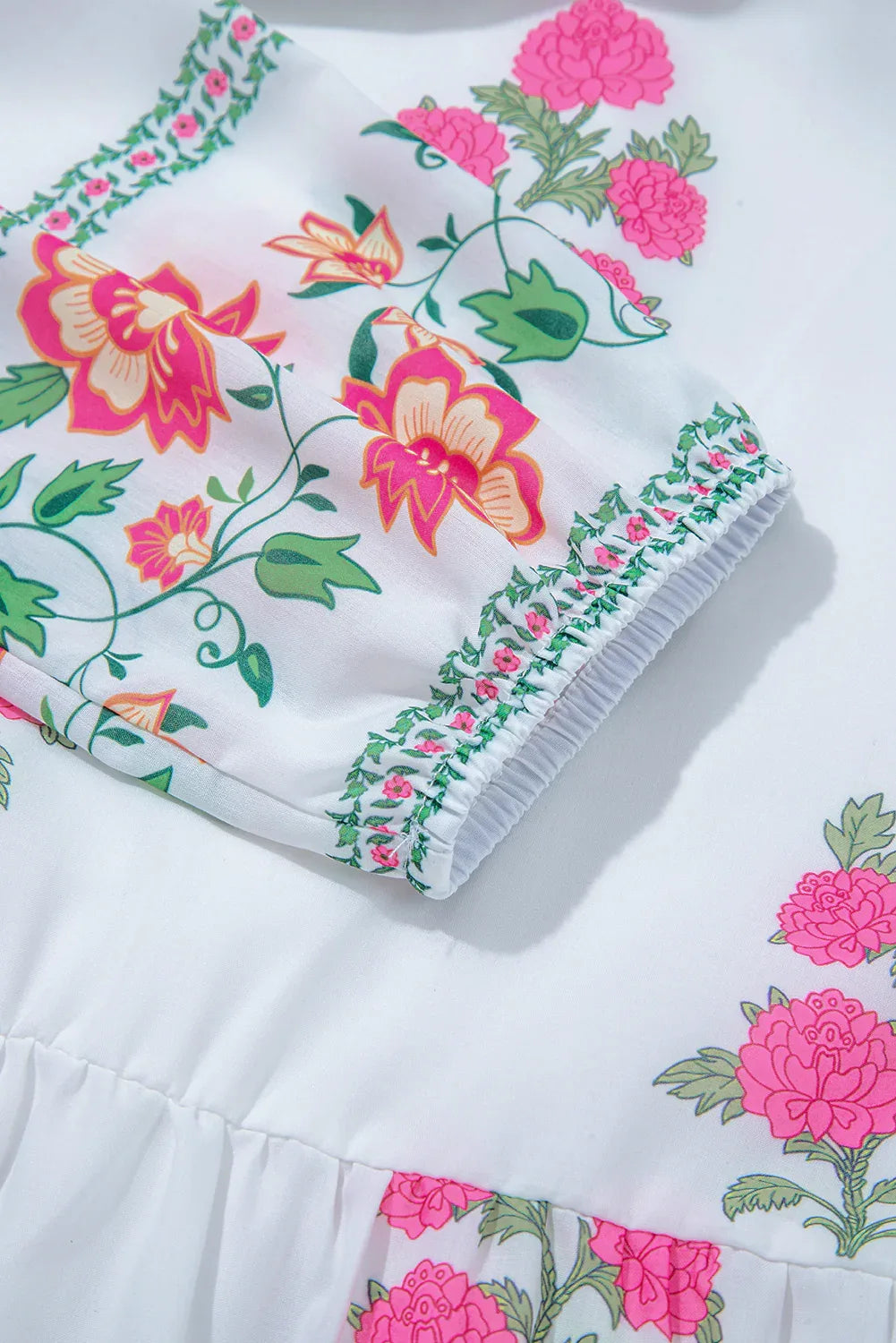 White Floral Print Half Button Mandarin Neck 3/4 Sleeve Maxi Dress - MarkoFit