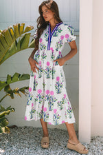 White Floral Puff Short Sleeve V Neck High Waist Maxi Dress - MarkoFit