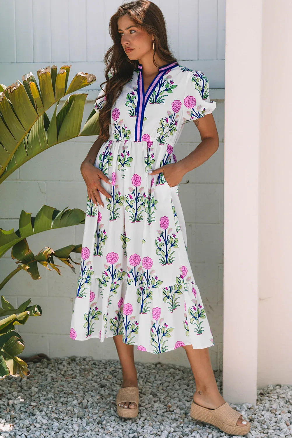 White Floral Puff Short Sleeve V Neck High Waist Maxi Dress - MarkoFit