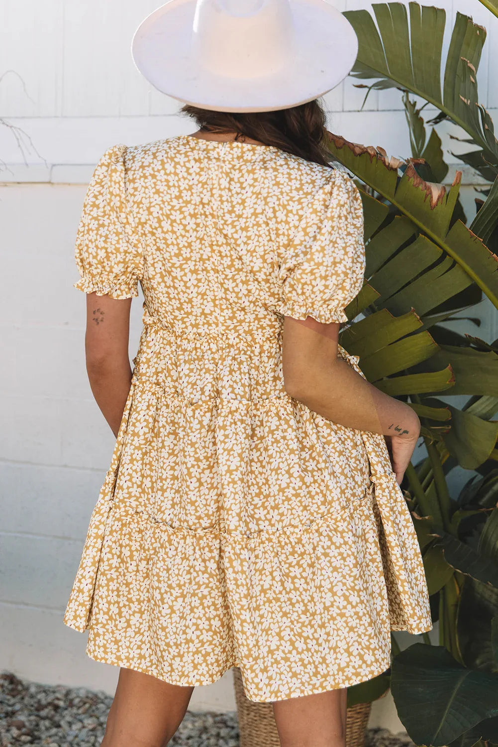 Yellow Floral Short Sleeve V Neck Frilly Tiered Mini Dress - MarkoFit