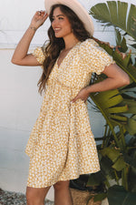 Yellow Floral Short Sleeve V Neck Frilly Tiered Mini Dress - MarkoFit