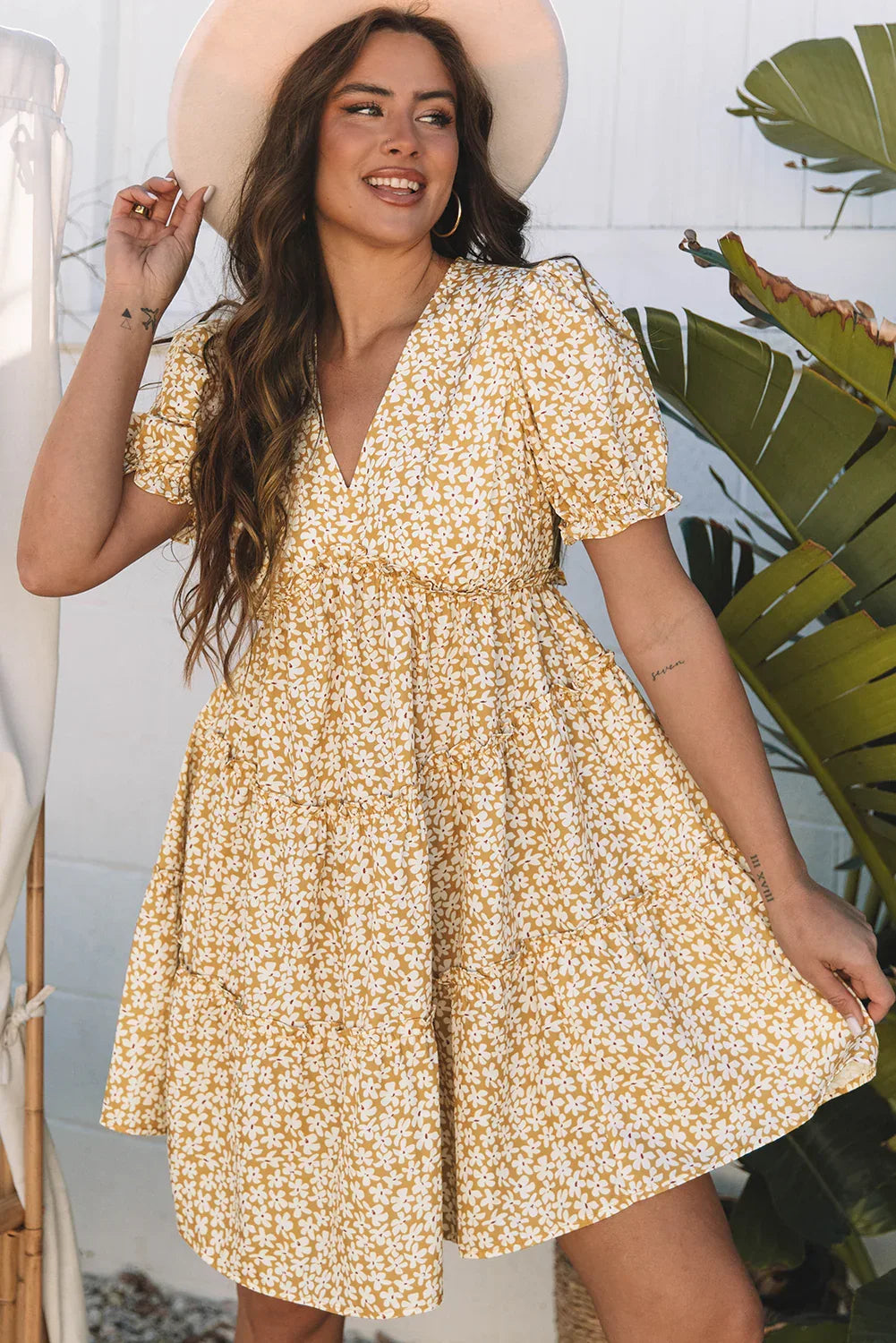 Yellow Floral Short Sleeve V Neck Frilly Tiered Mini Dress - MarkoFit