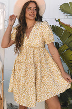 Yellow Floral Short Sleeve V Neck Frilly Tiered Mini Dress - MarkoFit