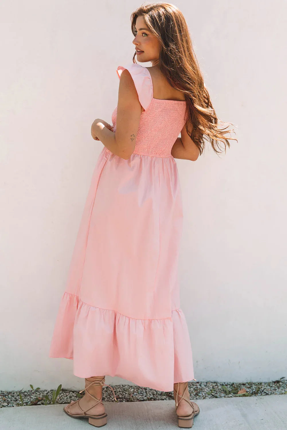 Pink V Neck Flutter Sleeve Smocked Bodice High Waist Ruffle Maxi Dress - MarkoFit