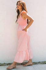 Pink V Neck Flutter Sleeve Smocked Bodice High Waist Ruffle Maxi Dress - MarkoFit