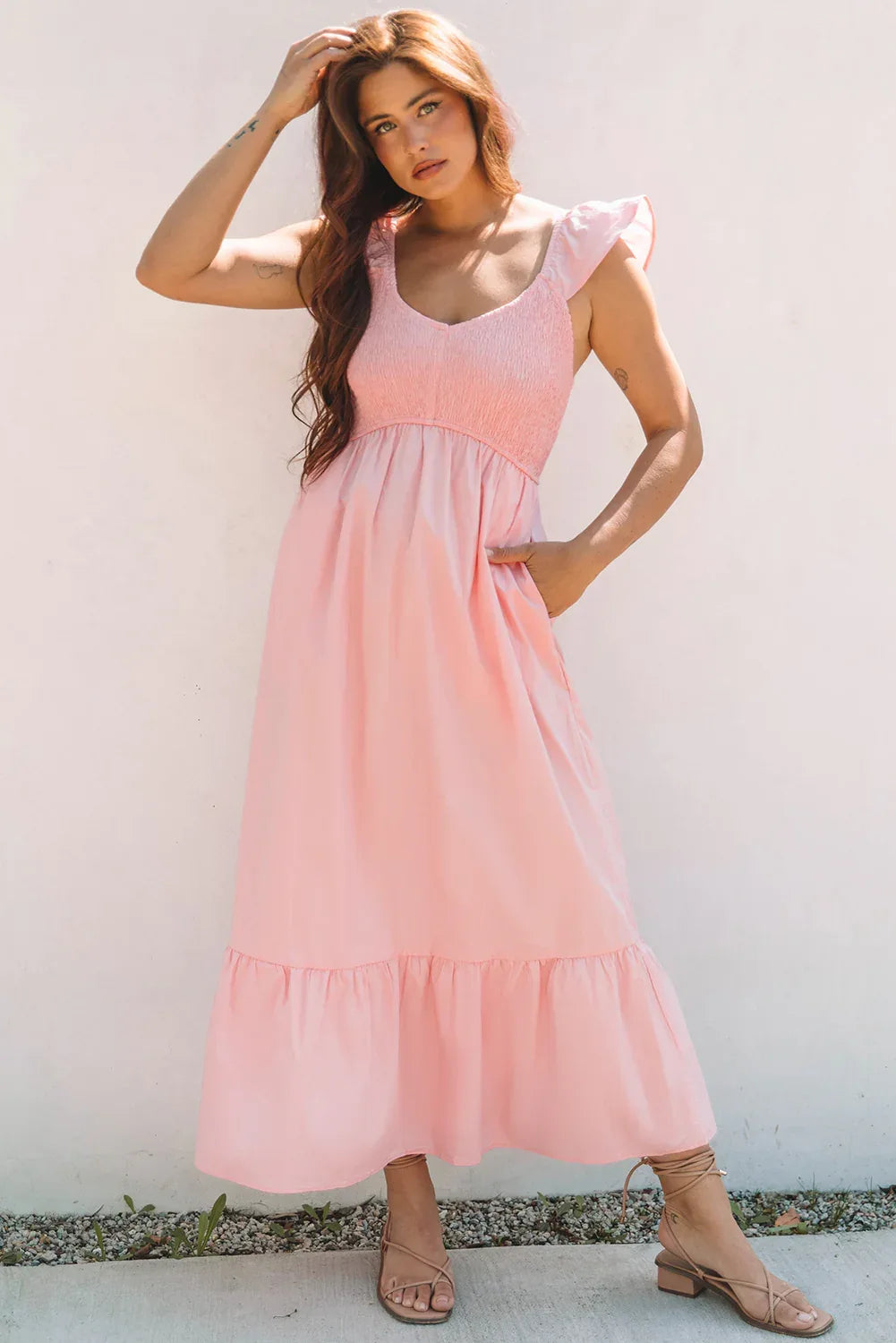 Pink V Neck Flutter Sleeve Smocked Bodice High Waist Ruffle Maxi Dress - MarkoFit