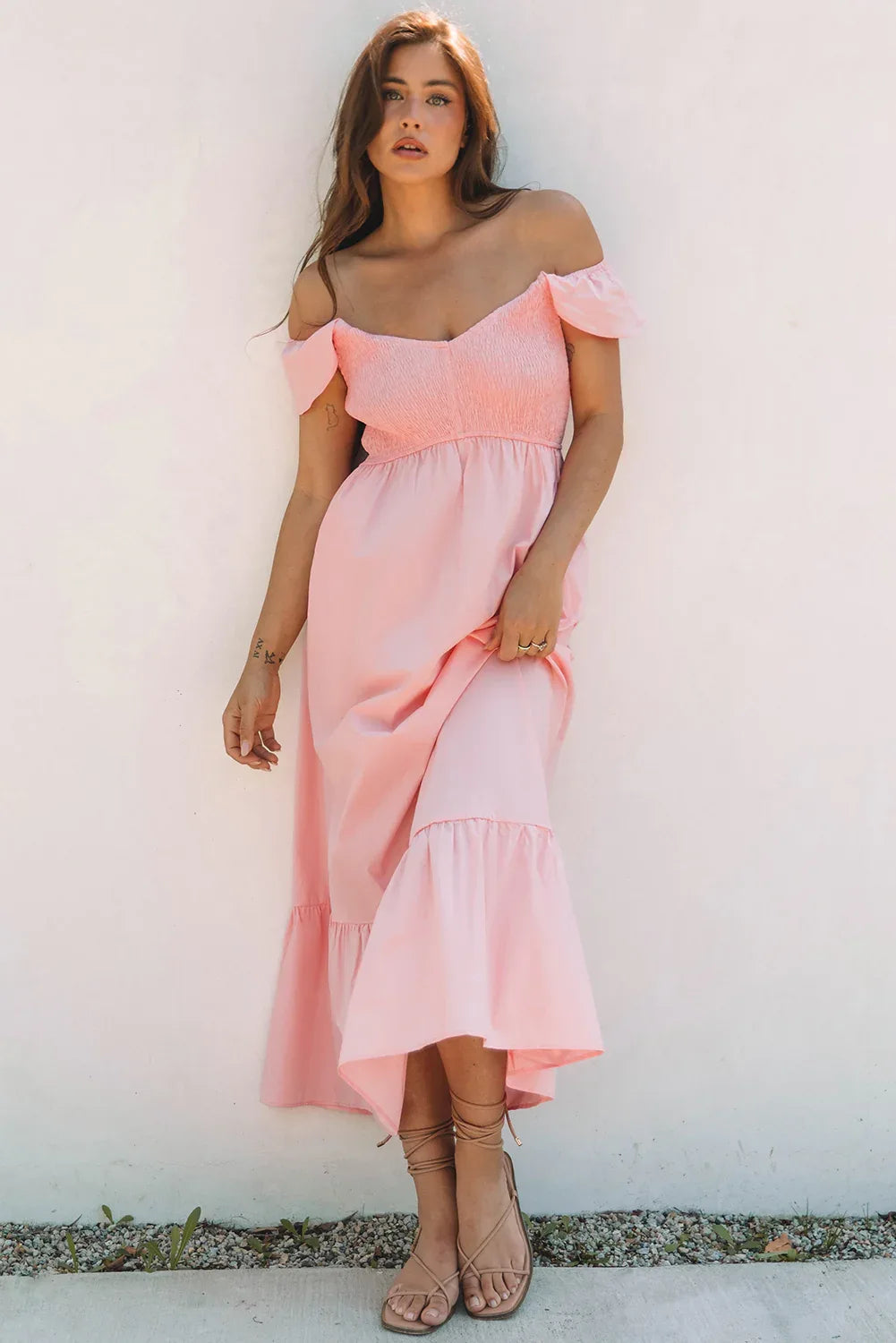 Pink V Neck Flutter Sleeve Smocked Bodice High Waist Ruffle Maxi Dress - MarkoFit