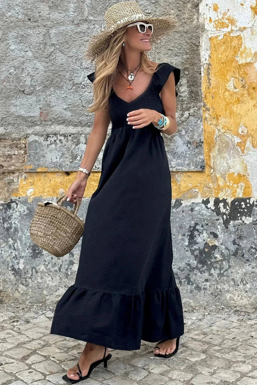 Black V Neck Flutter Sleeve Smocked Bodice High Waist Ruffle Maxi Dress - MarkoFit
