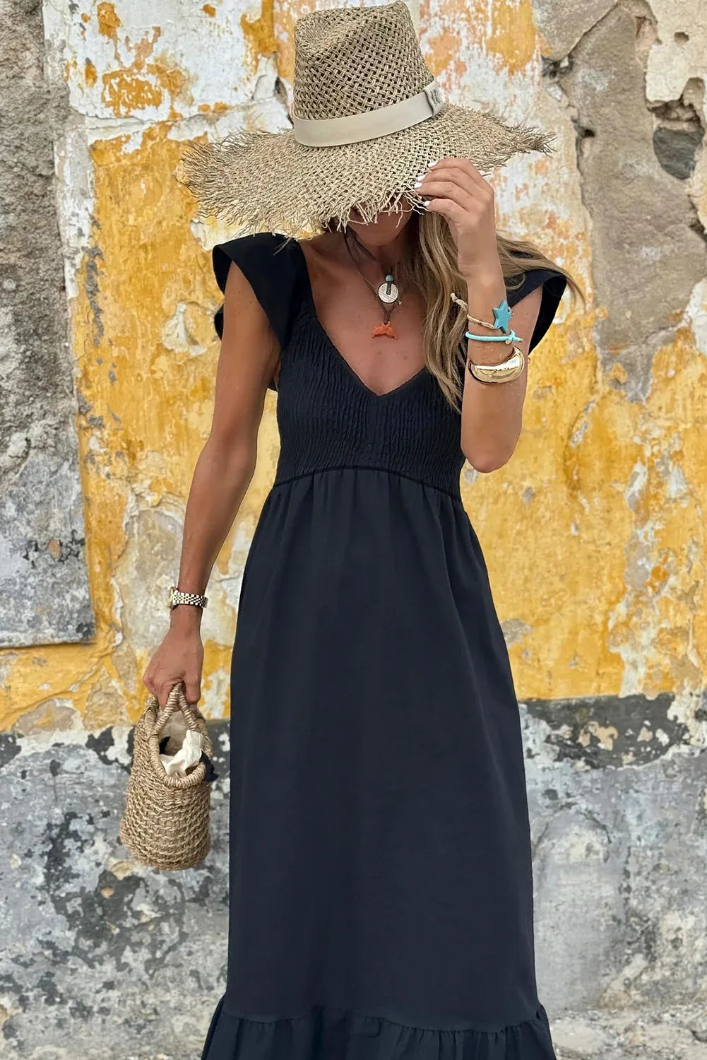 Black V Neck Flutter Sleeve Smocked Bodice High Waist Ruffle Maxi Dress - MarkoFit