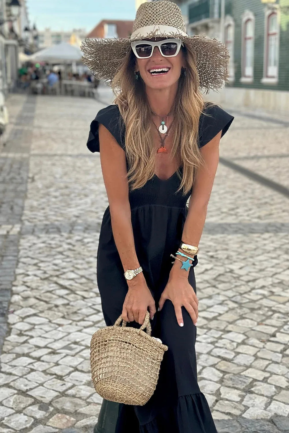 Black V Neck Flutter Sleeve Smocked Bodice High Waist Ruffle Maxi Dress - MarkoFit