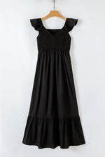 Black V Neck Flutter Sleeve Smocked Bodice High Waist Ruffle Maxi Dress - MarkoFit