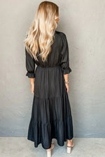 Black Flounced Bracelet Sleeve V Neck Tiered Maxi Dress - MarkoFit