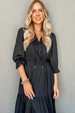 Black Flounced Bracelet Sleeve V Neck Tiered Maxi Dress - MarkoFit