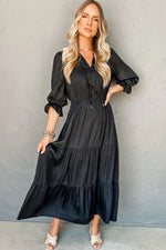 Black Flounced Bracelet Sleeve V Neck Tiered Maxi Dress - MarkoFit