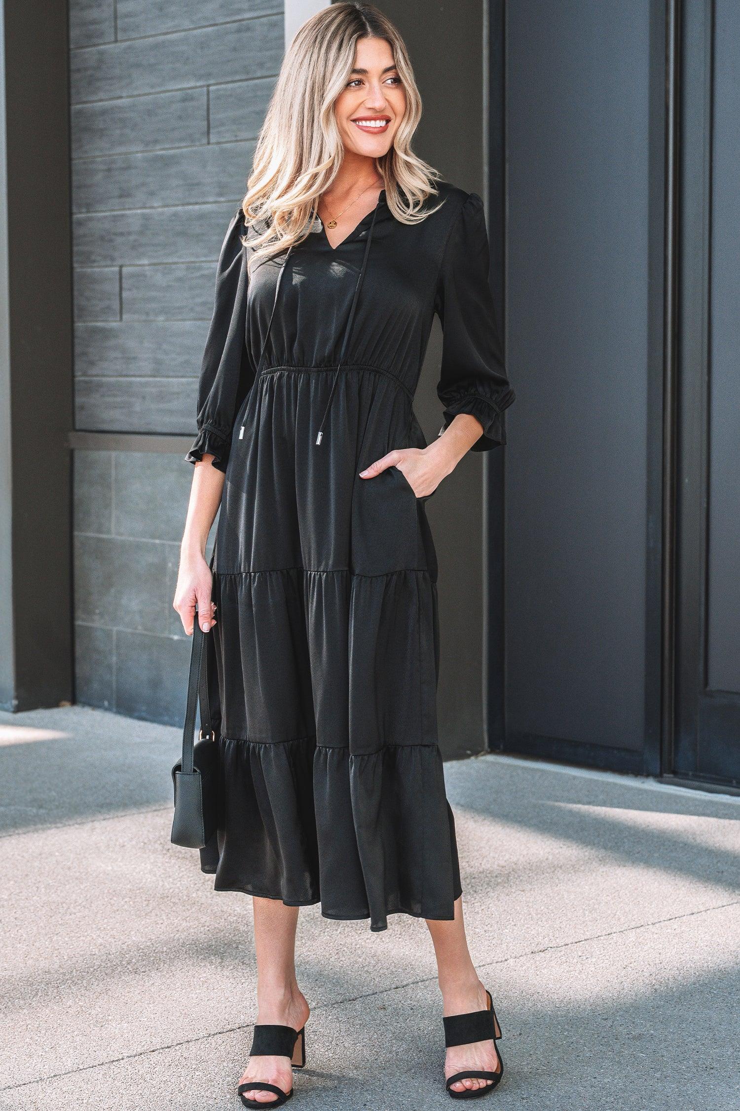 Black Flounced Bracelet Sleeve V Neck Tiered Maxi Dress - MarkoFit