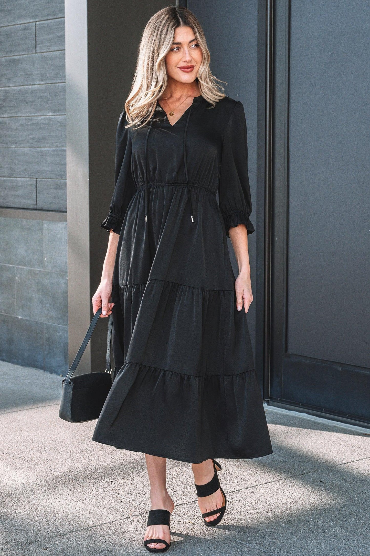 Black Flounced Bracelet Sleeve V Neck Tiered Maxi Dress - MarkoFit