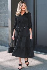 Black Flounced Bracelet Sleeve V Neck Tiered Maxi Dress - MarkoFit