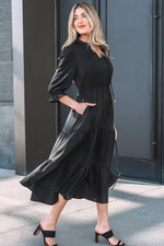 Black Flounced Bracelet Sleeve V Neck Tiered Maxi Dress - MarkoFit