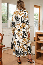 Brown Tropical Printed Contrast Trim Neck Long Sleeve Ruffle Hem Dress - MarkoFit