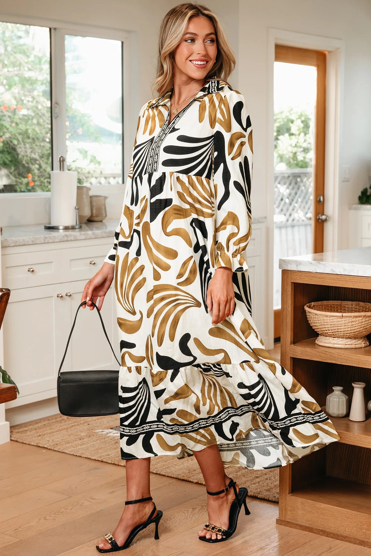 Brown Tropical Printed Contrast Trim Neck Long Sleeve Ruffle Hem Dress - MarkoFit