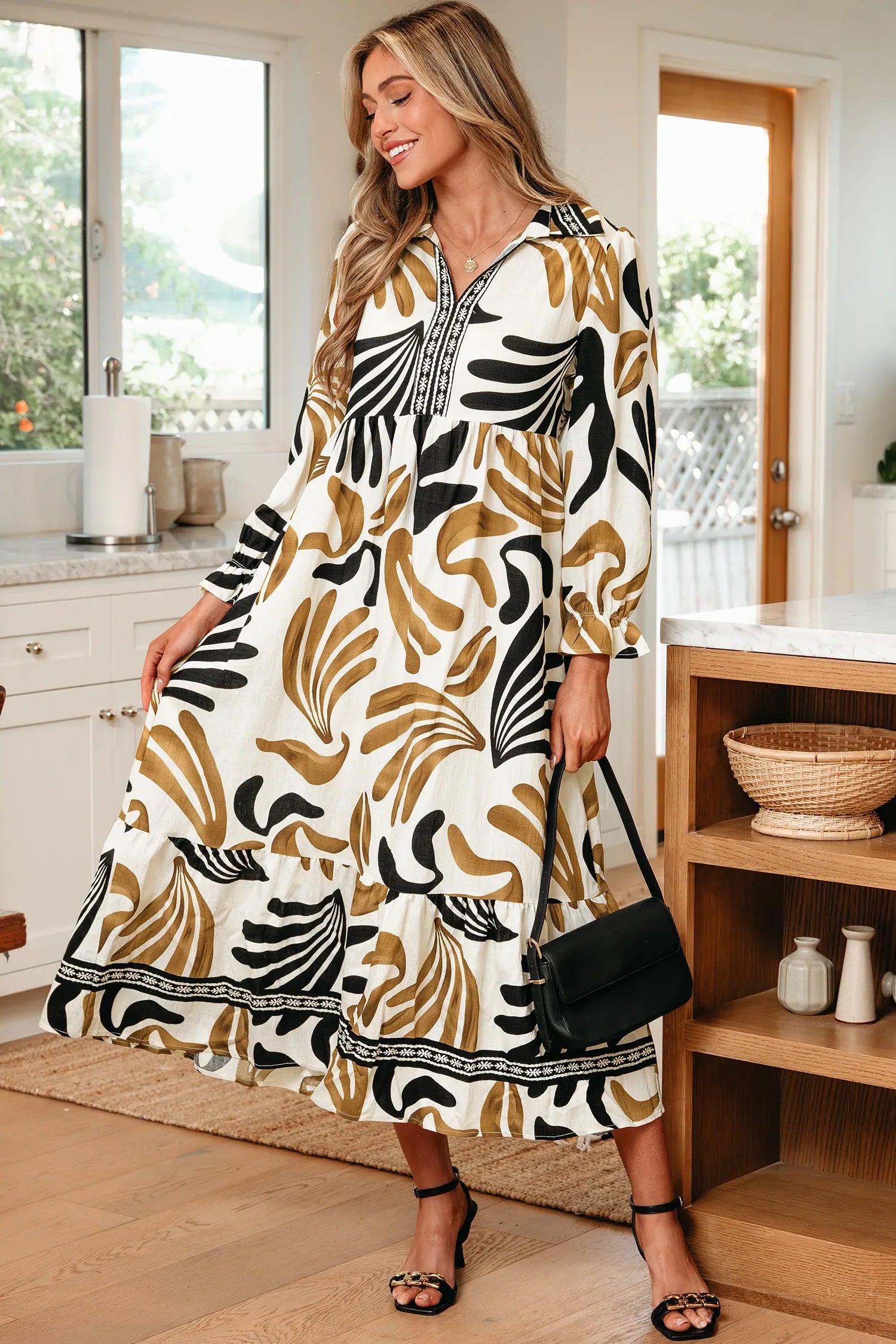 Brown Tropical Printed Contrast Trim Neck Long Sleeve Ruffle Hem Dress - MarkoFit