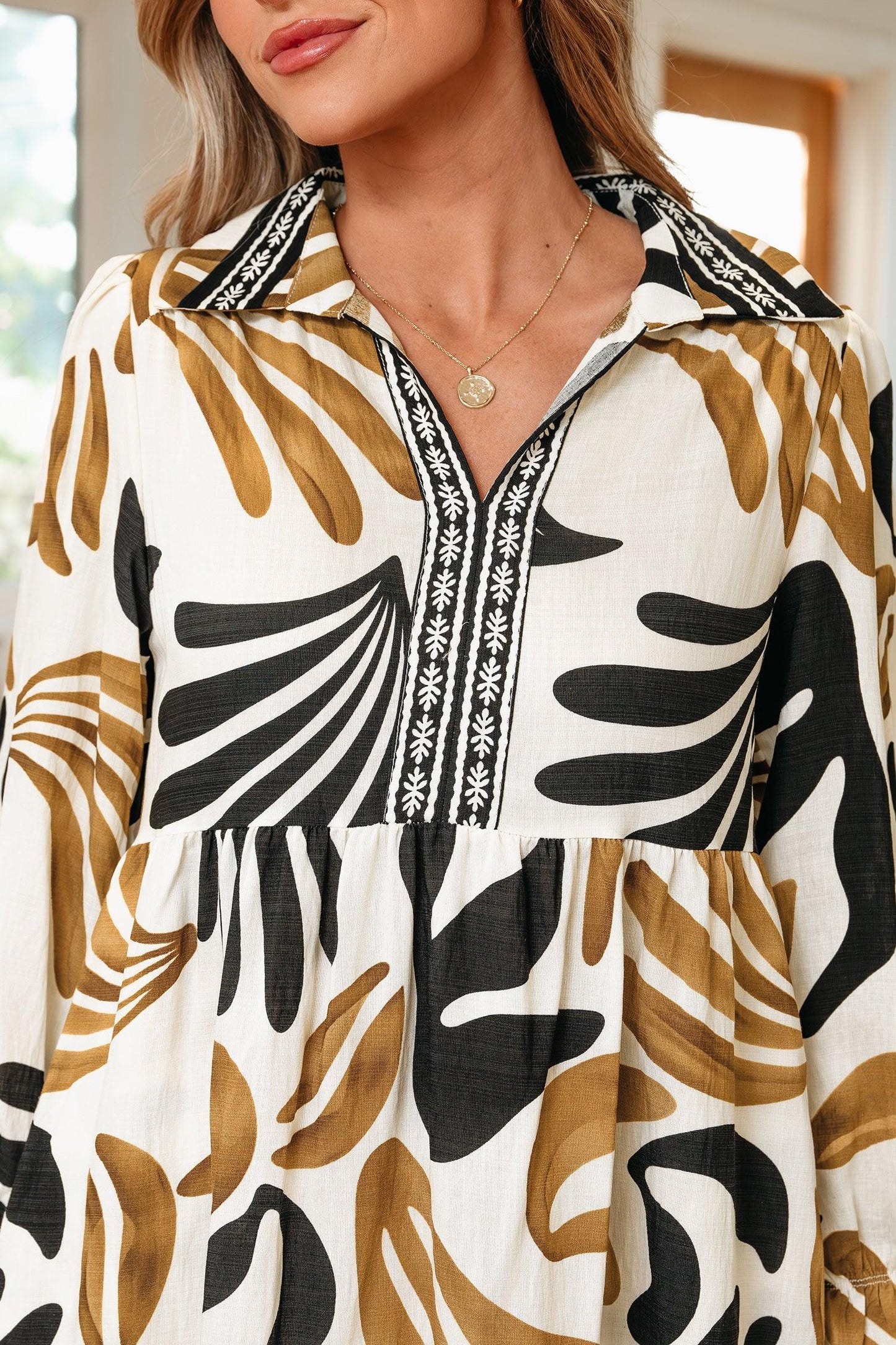 Brown Tropical Printed Contrast Trim Neck Long Sleeve Ruffle Hem Dress - MarkoFit