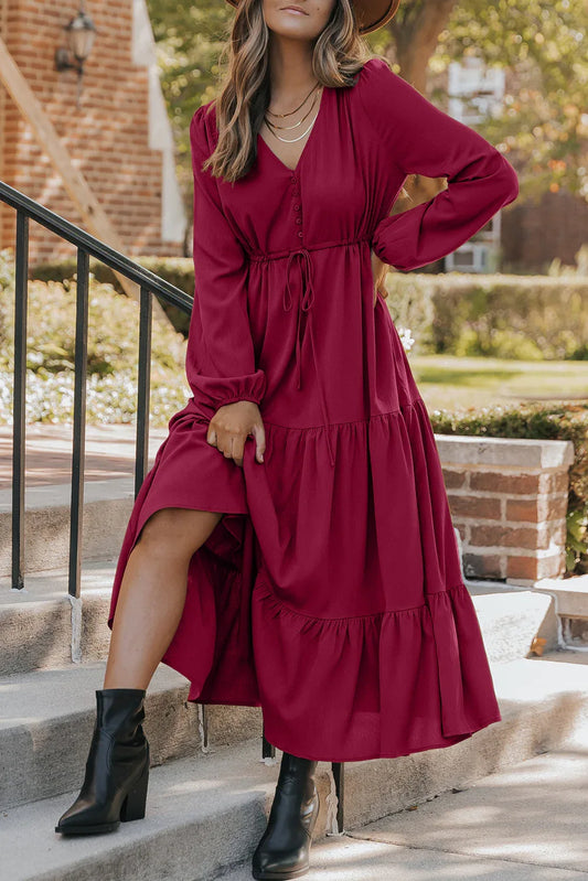 Burgundy Solid Long Sleeve Button V Neck Tiered Maxi Dress - MarkoFit