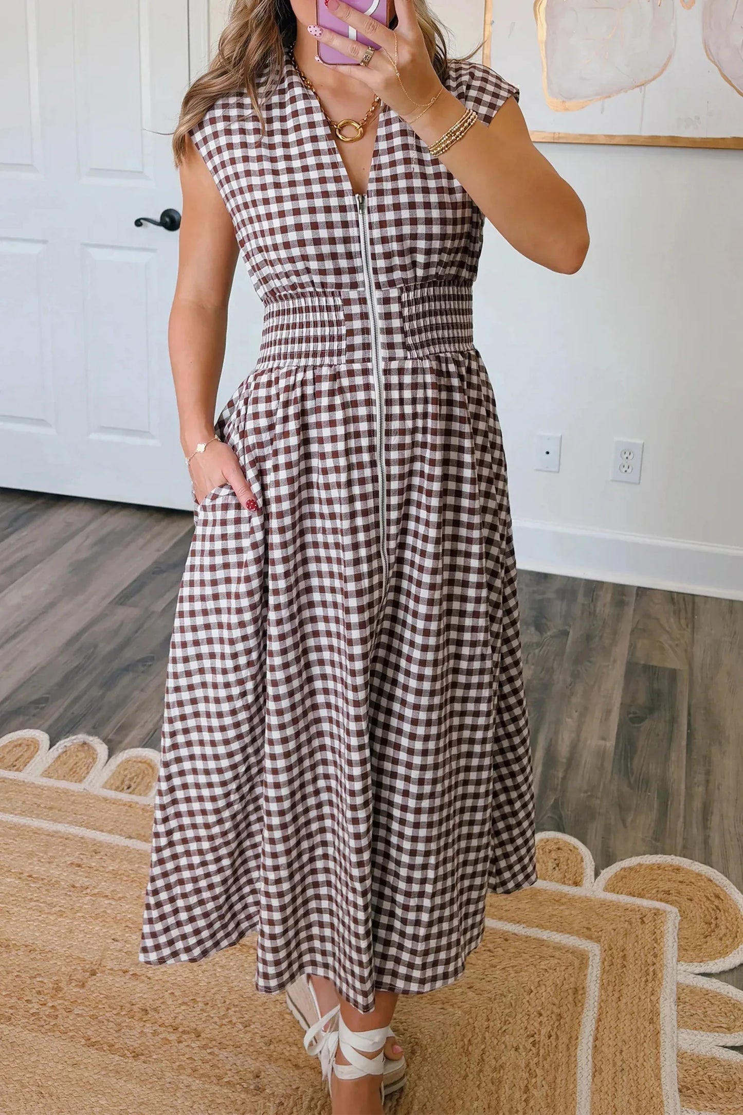 Coffee Plaid Print Full Zipper Cinched Waist Fit Flare Sleeveless Maxi Dress - MarkoFit