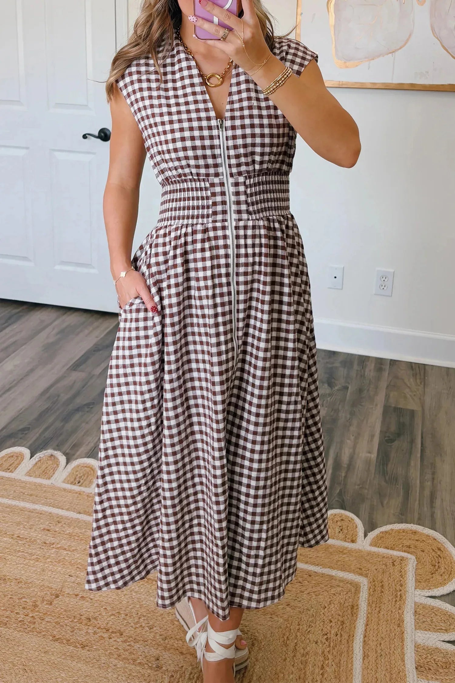 Coffee Plaid Print Full Zipper Cinched Waist Fit Flare Sleeveless Maxi Dress - MarkoFit