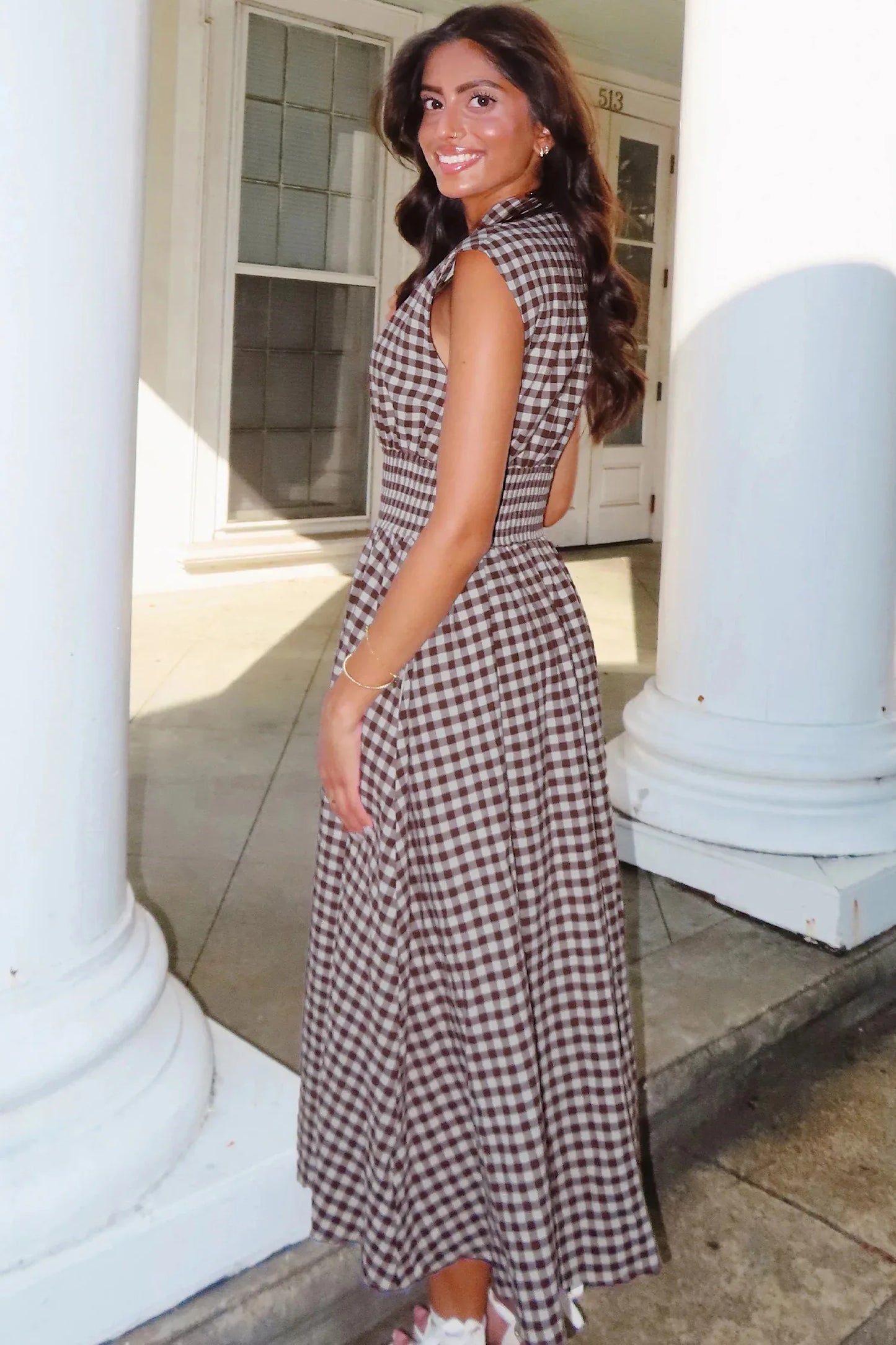 Coffee Plaid Print Full Zipper Cinched Waist Fit Flare Sleeveless Maxi Dress - MarkoFit