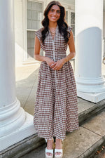 Coffee Plaid Print Full Zipper Cinched Waist Fit Flare Sleeveless Maxi Dress - MarkoFit