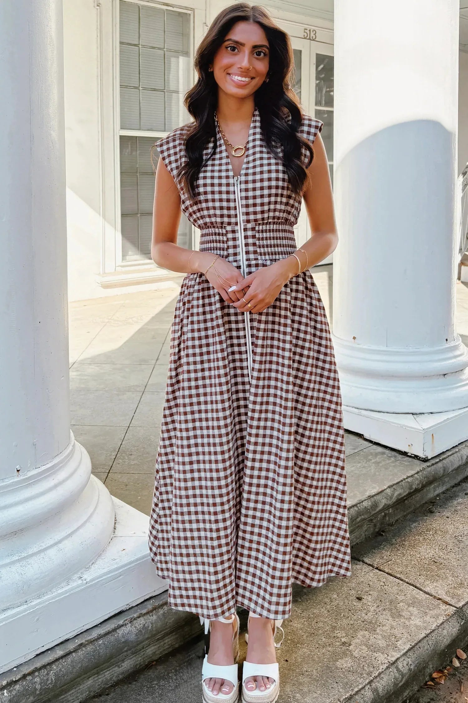 Coffee Plaid Print Full Zipper Cinched Waist Fit Flare Sleeveless Maxi Dress - MarkoFit