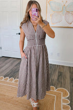 Coffee Plaid Print Full Zipper Cinched Waist Fit Flare Sleeveless Maxi Dress - MarkoFit