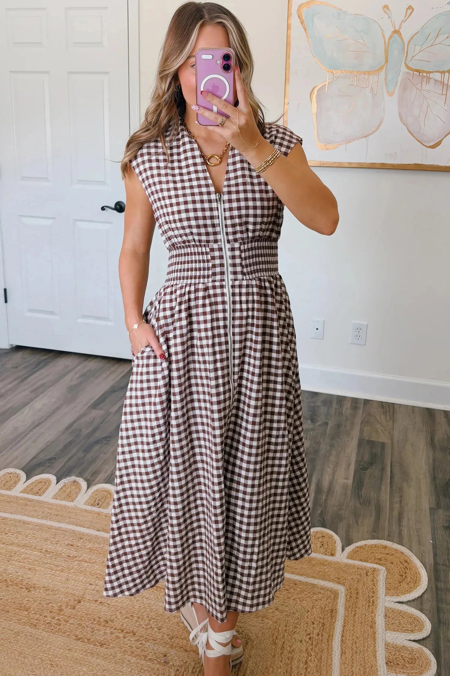 Coffee Plaid Print Full Zipper Cinched Waist Fit Flare Sleeveless Maxi Dress - MarkoFit