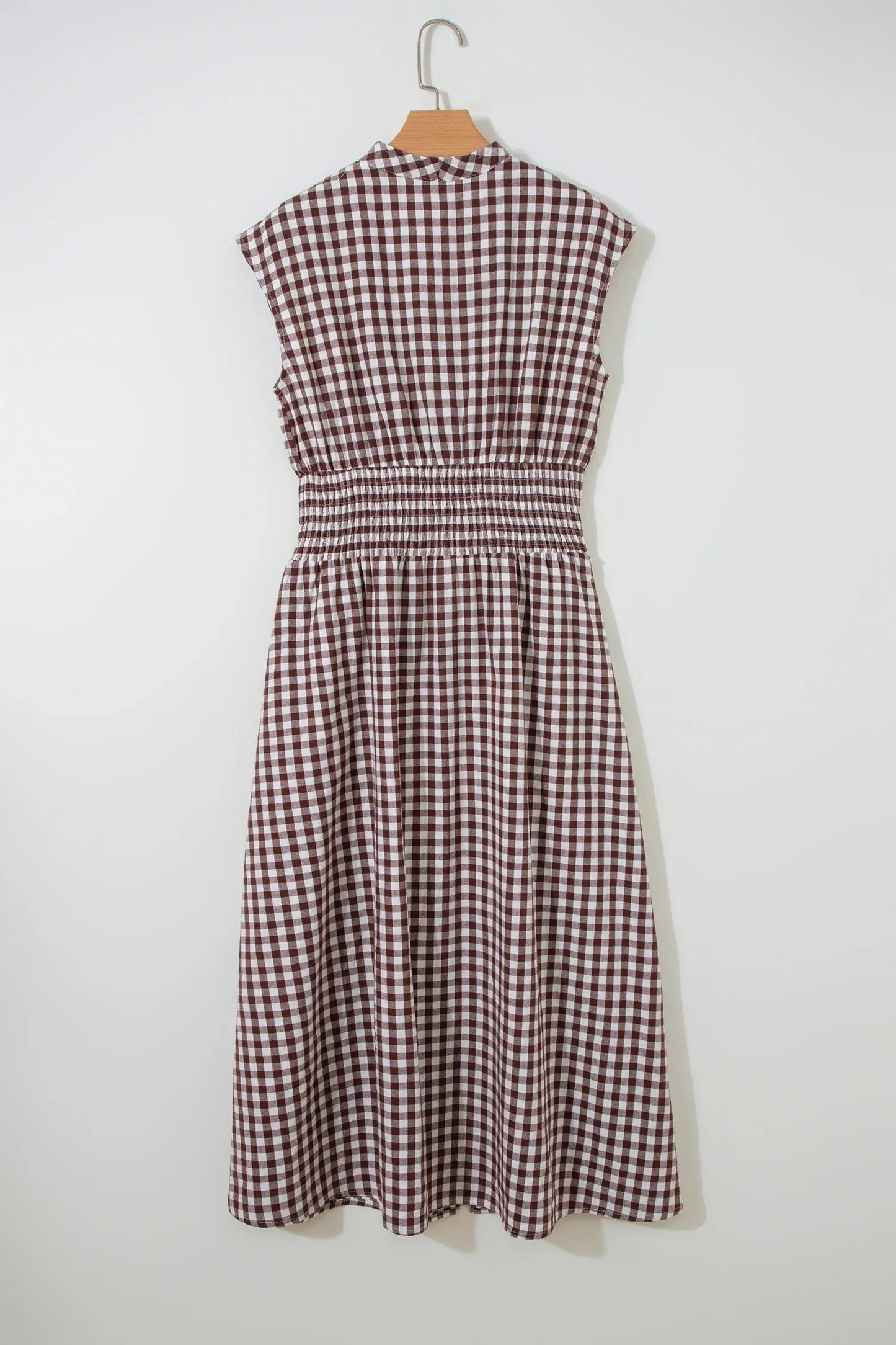 Coffee Plaid Print Full Zipper Cinched Waist Fit Flare Sleeveless Maxi Dress - MarkoFit