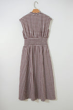 Coffee Plaid Print Full Zipper Cinched Waist Fit Flare Sleeveless Maxi Dress - MarkoFit