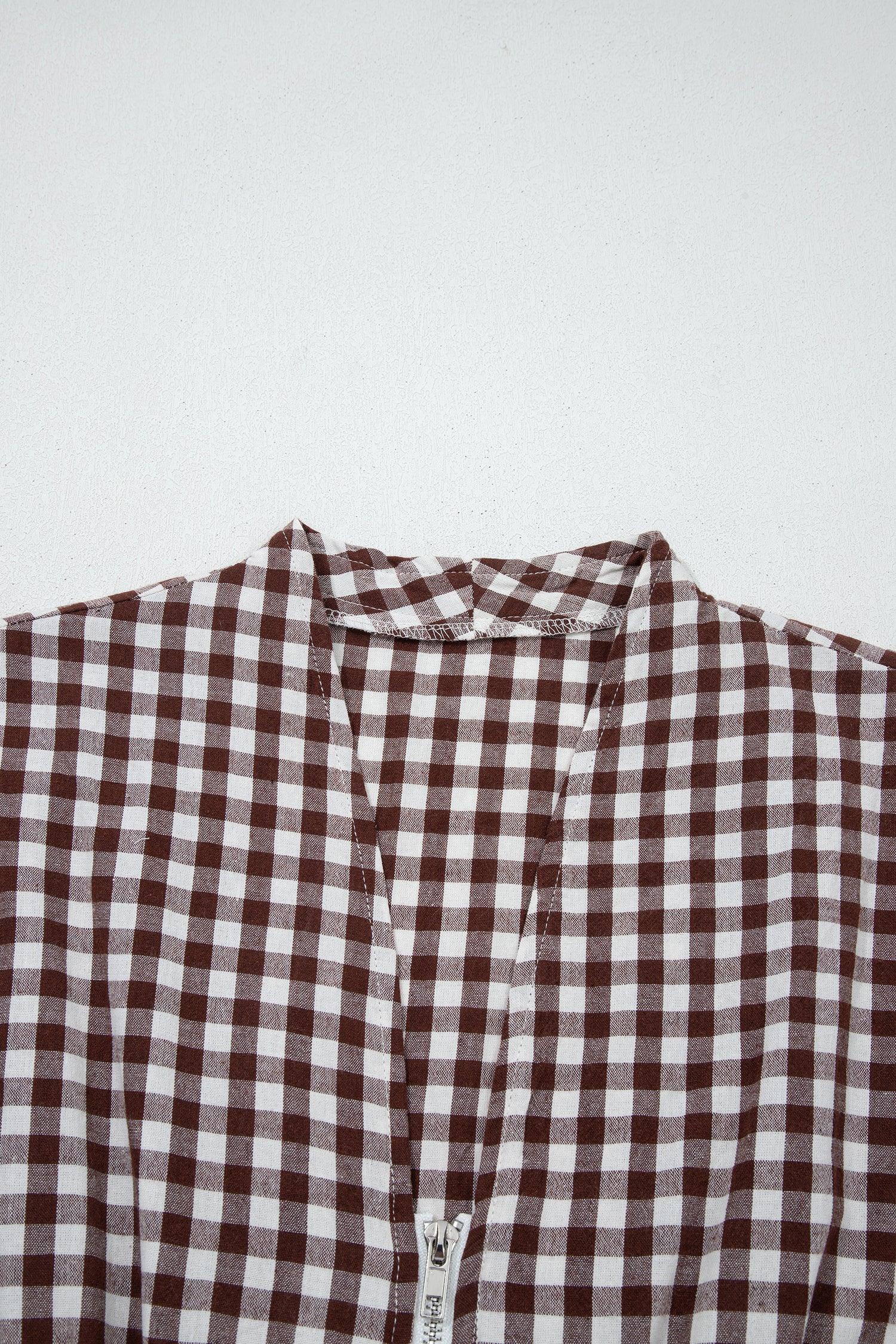 Coffee Plaid Print Full Zipper Cinched Waist Fit Flare Sleeveless Maxi Dress - MarkoFit