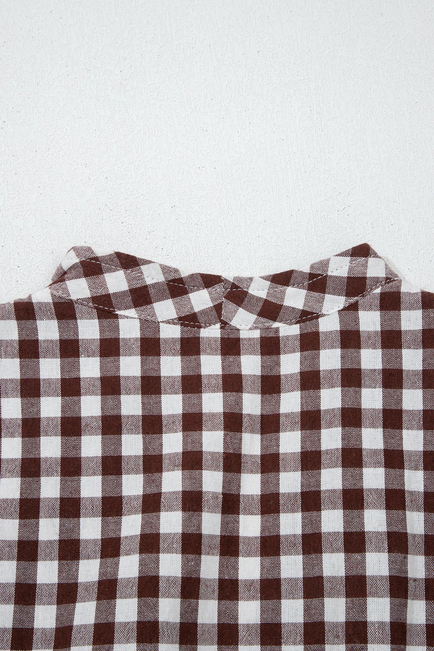 Coffee Plaid Print Full Zipper Cinched Waist Fit Flare Sleeveless Maxi Dress - MarkoFit