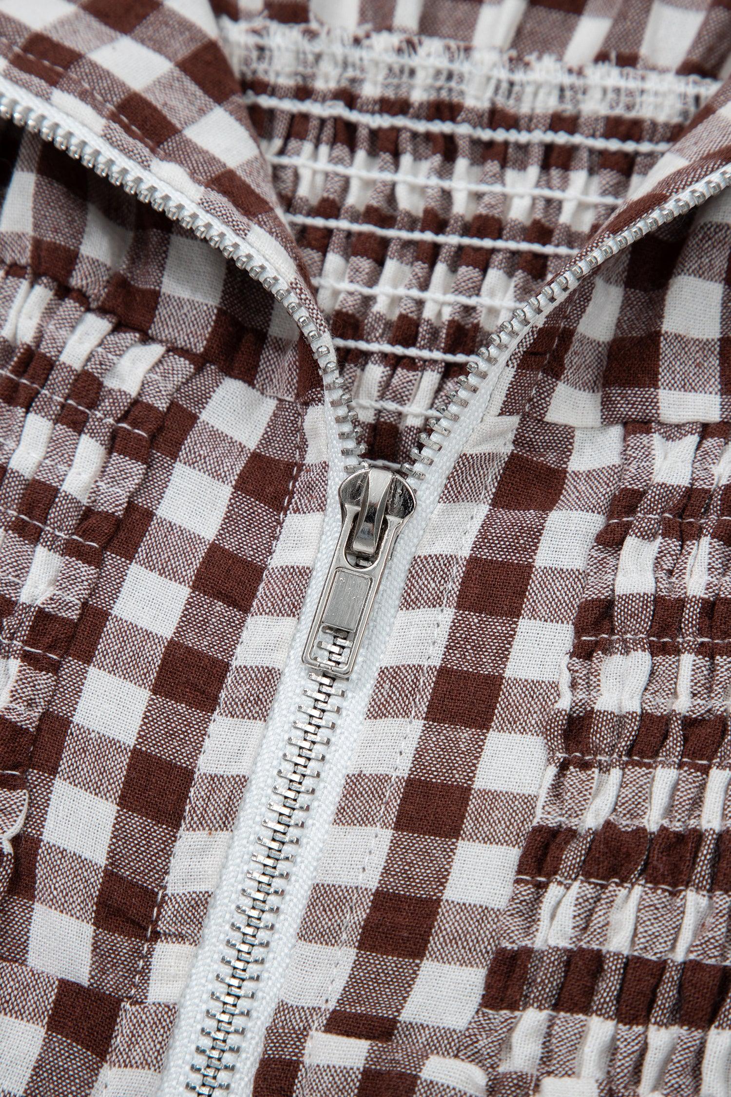 Coffee Plaid Print Full Zipper Cinched Waist Fit Flare Sleeveless Maxi Dress - MarkoFit