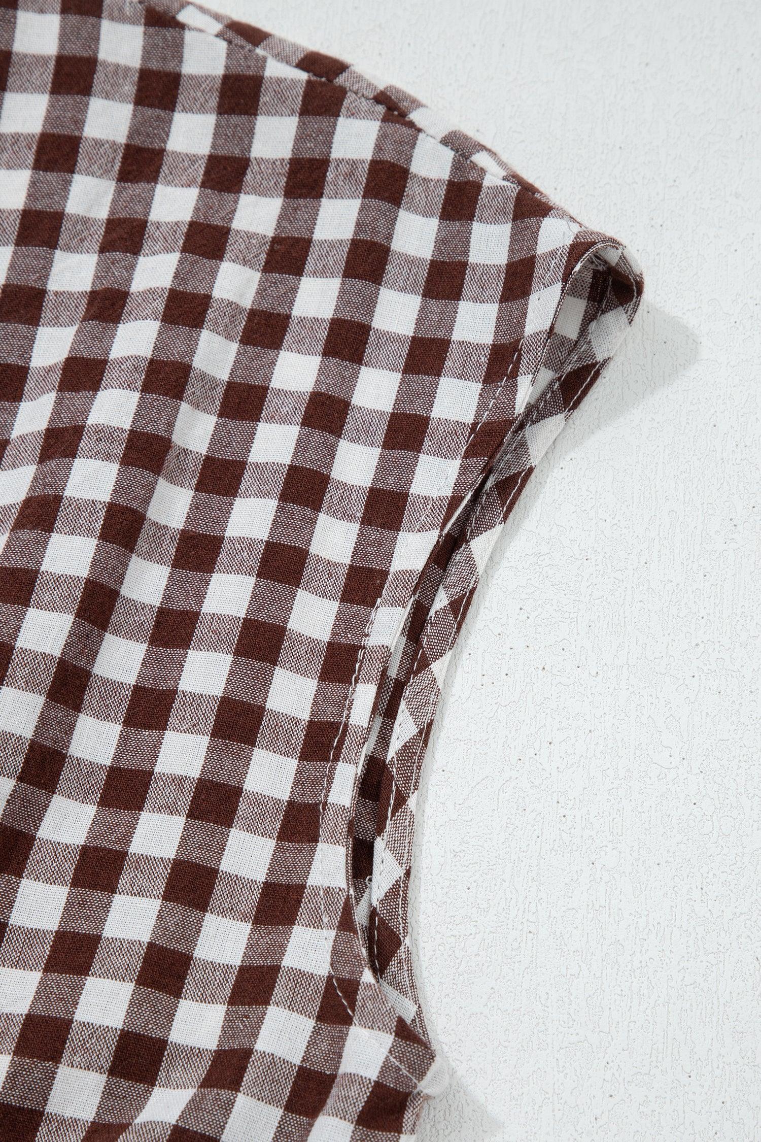 Coffee Plaid Print Full Zipper Cinched Waist Fit Flare Sleeveless Maxi Dress - MarkoFit