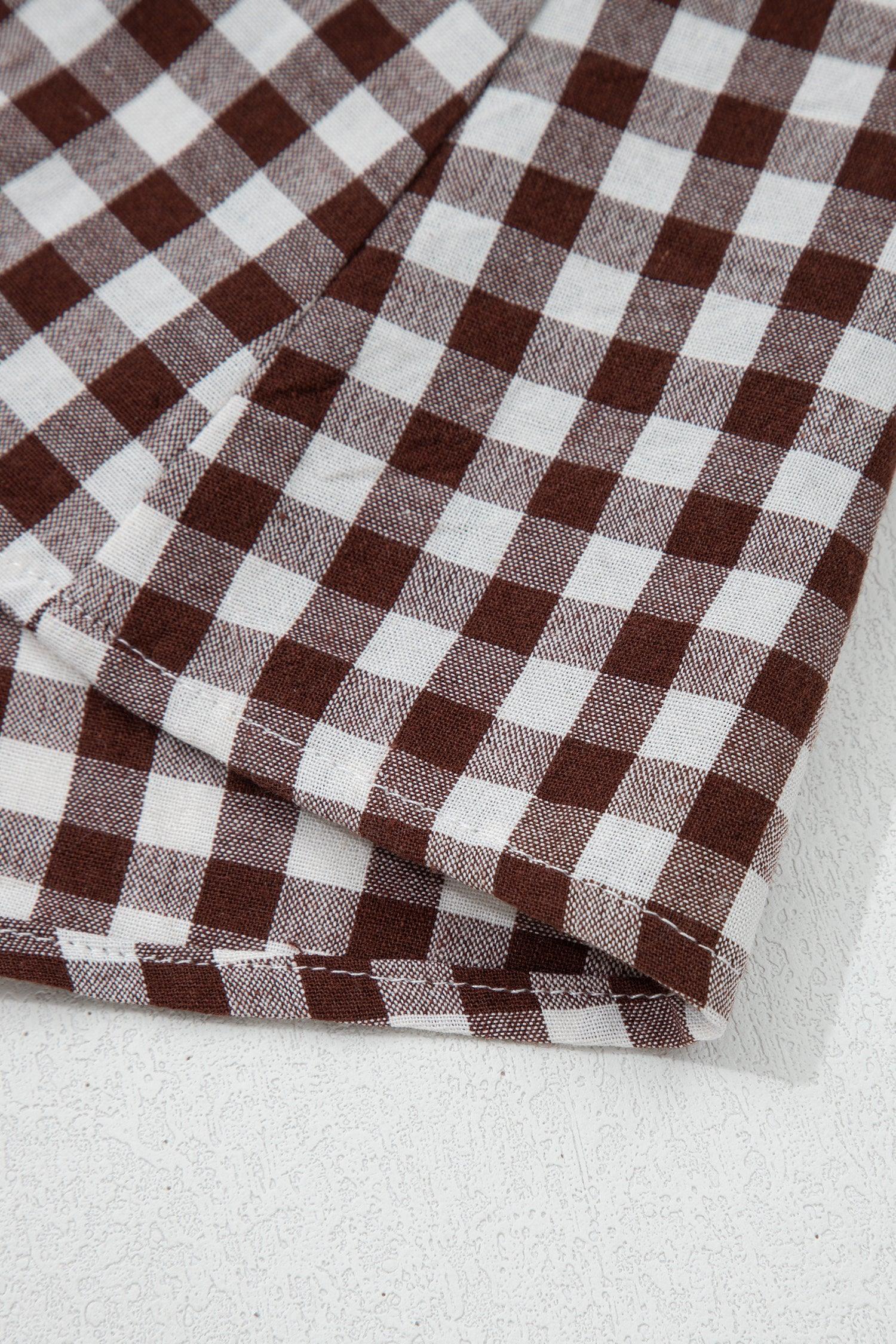 Coffee Plaid Print Full Zipper Cinched Waist Fit Flare Sleeveless Maxi Dress - MarkoFit