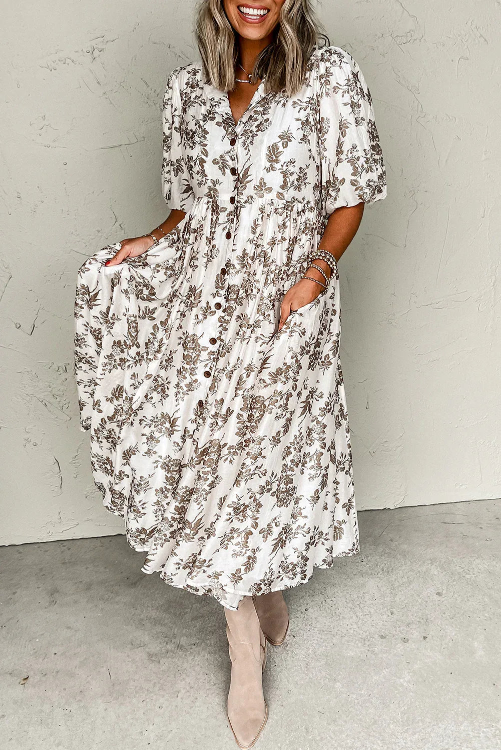 Khaki Floral Puff Sleeve V Neck Buttoned Front Maxi Dress - MarkoFit