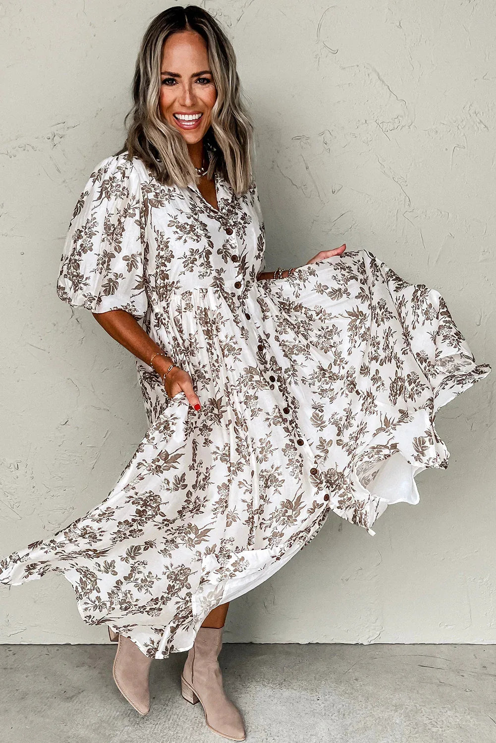 Khaki Floral Puff Sleeve V Neck Buttoned Front Maxi Dress - MarkoFit