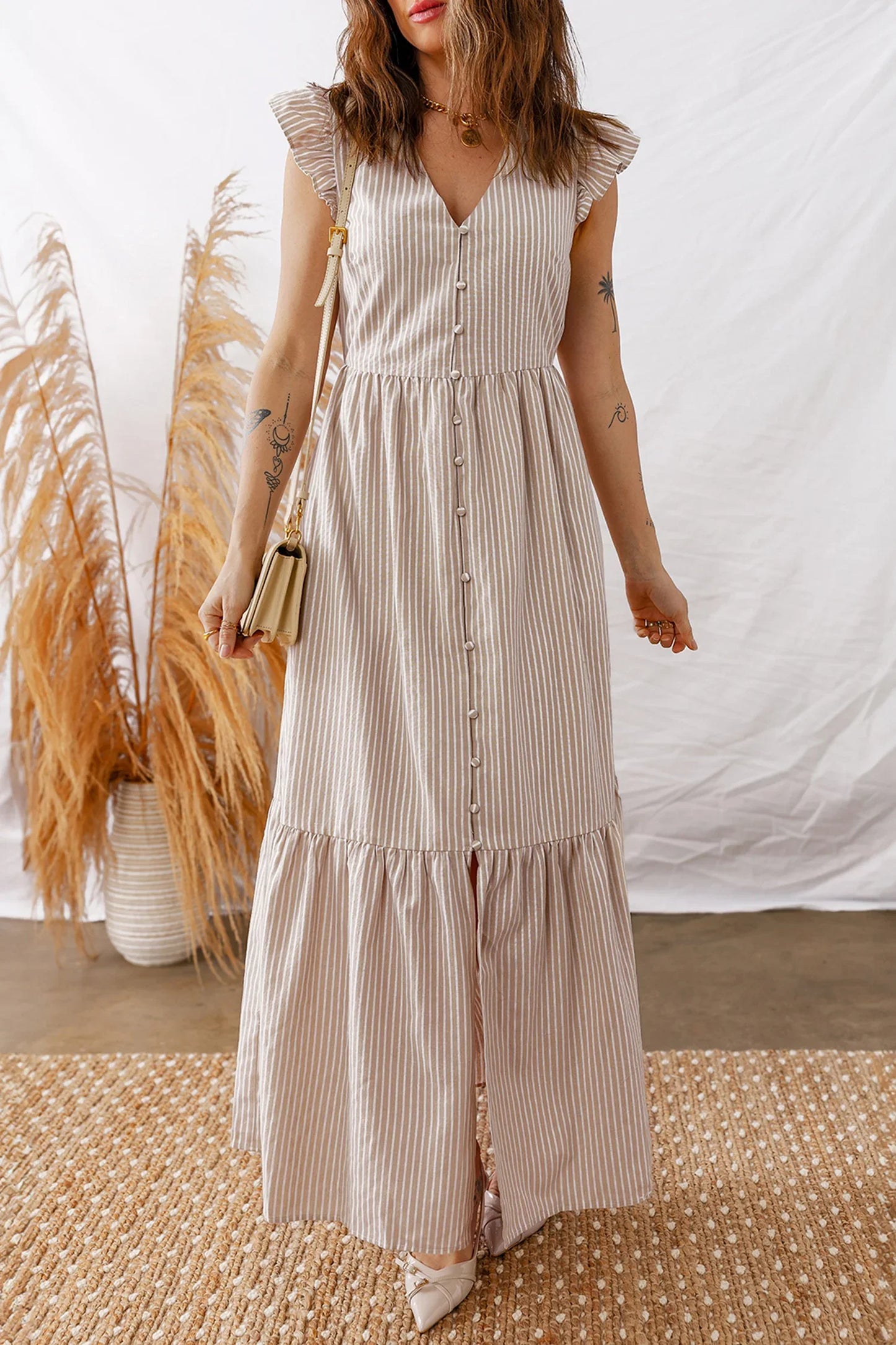 Khaki Stripe Flutter Sleeve Buttoned Front Slit Maxi Dress - MarkoFit