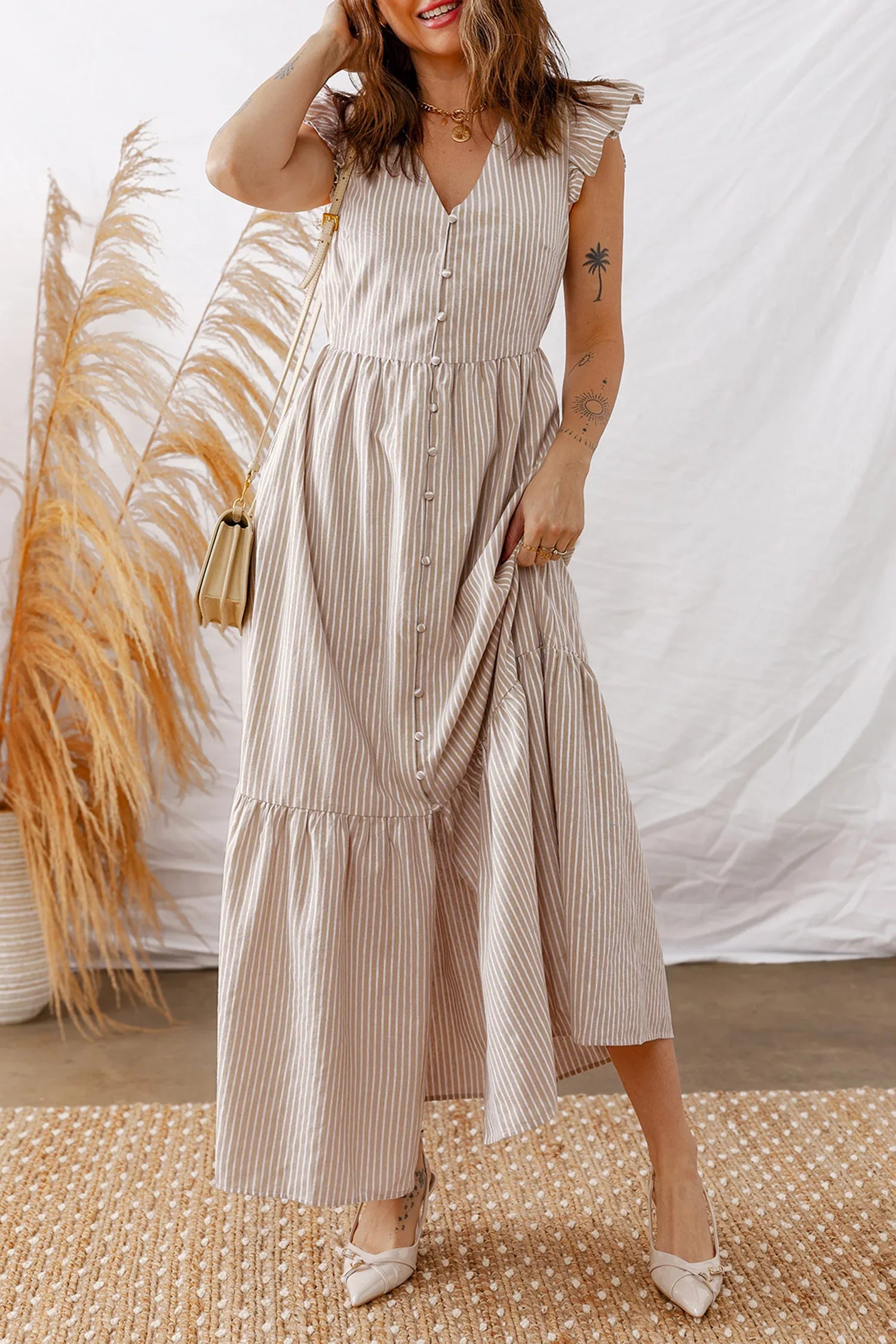 Khaki Stripe Flutter Sleeve Buttoned Front Slit Maxi Dress - MarkoFit
