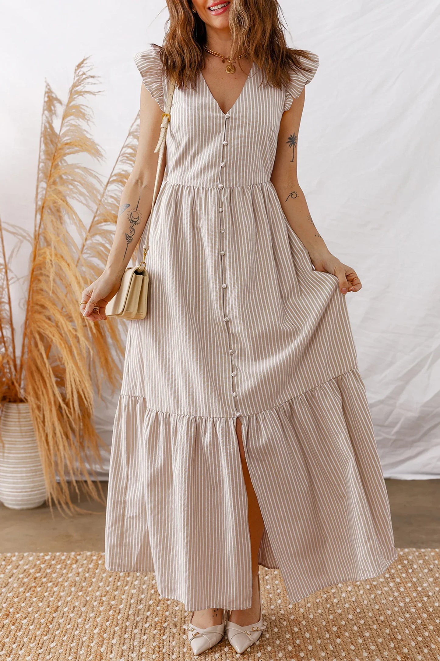 Khaki Stripe Flutter Sleeve Buttoned Front Slit Maxi Dress - MarkoFit