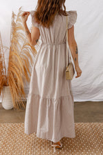 Khaki Stripe Flutter Sleeve Buttoned Front Slit Maxi Dress - MarkoFit