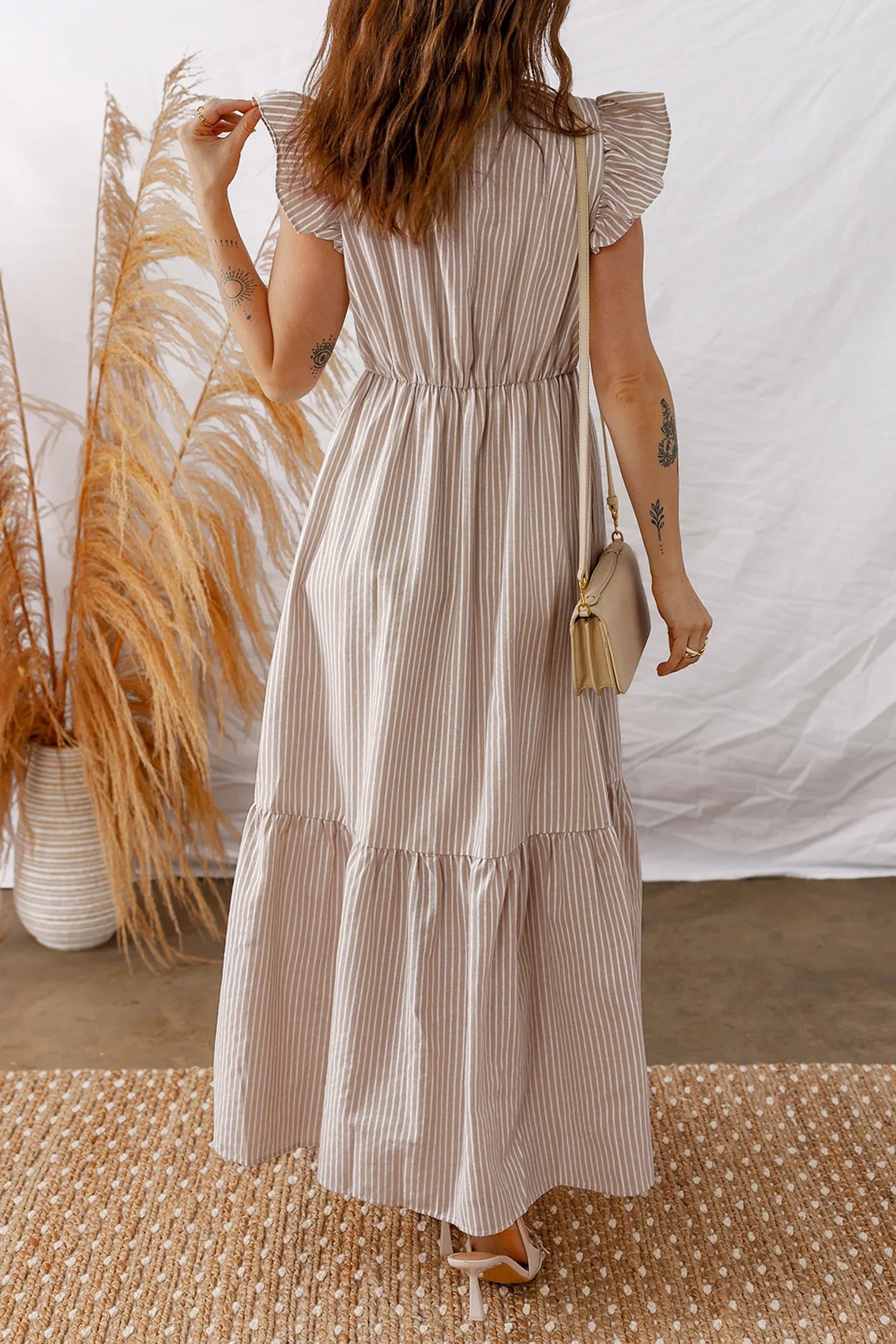 Khaki Stripe Flutter Sleeve Buttoned Front Slit Maxi Dress - MarkoFit